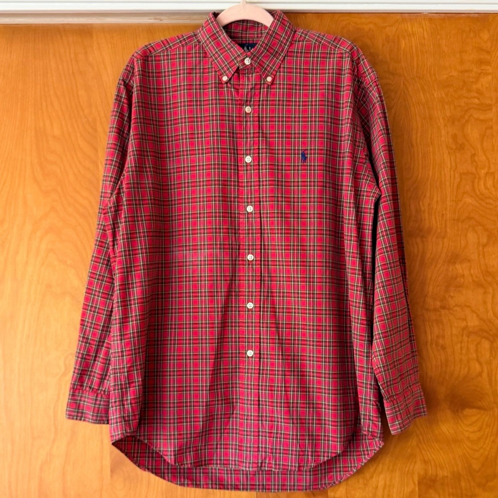 Vintage 90's Ralph Lauren Blake Red Plaid Button Down Shirt Size Medium